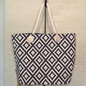summer & rose Navy Blue & Off White Blue Diamond Tote w/Rope Handles